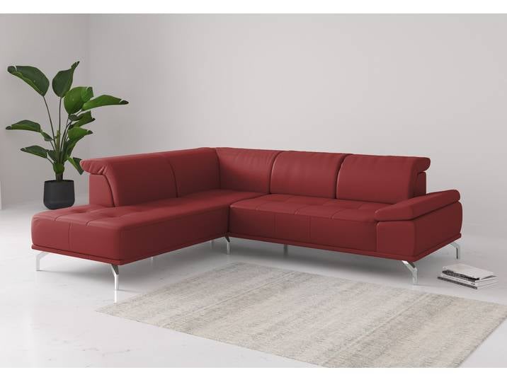 Ecksofa, 274x235 cm, Naturleder, Feuerrot, Sitztiefenverstellung & Armlehnenfunktion, Modern