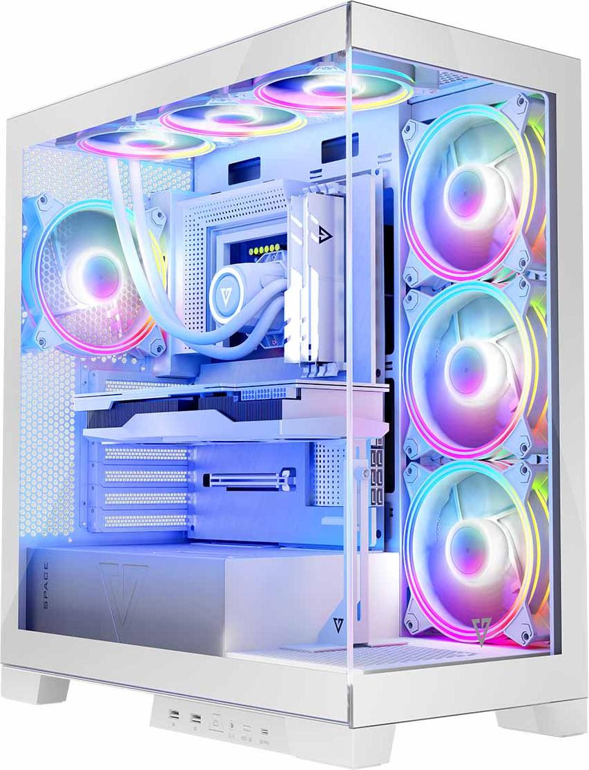 Modecom Volcano Space Apex ARGB computerbehuizing, wit, ATX tower met panoramisch glazen zijpaneel en ARGB-ventilatoren