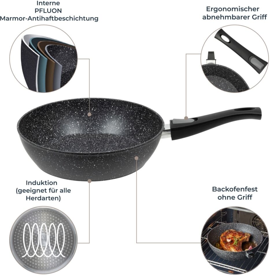Bratpfanne RESTO KITCHENWARE "Leo, Wokpfanne mit vierschichtiger Marmor-Antihaftbeschichtung", schwarz, H:7,7cm L:48cm Ø:28cm, Pfannen, Bratpfanne, mit einem abnehmbaren Griff - backofenfest, spülmaschinenfest