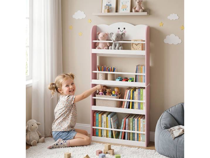 AIYAPLAY Bibliothèque Murale Enfant 4 Niveaux Rose 60x108cm