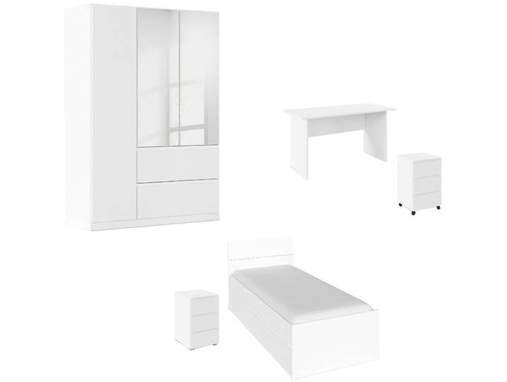 rauch Jugendzimmer-Set Komplettzimmer Schlafzimmer-Set (5-St) Jugendzimmer-Set JOEL, (Set, 5-tlg., Bett 90x200 oder 140x200 cm, Ausstattungspakete BASIC/CLASSIC/PREMIUM), Bett 2 Breiten,Nachttisch,Tisch,Rollcontainer,Schrank MADE IN GERMANY