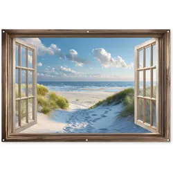 GARTENPOSTER Aussicht - Strand - Fenster - Dünen - Meer Poster für draußen 180x120 cm