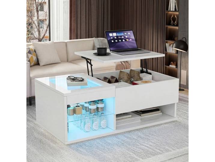Table basse - URBANLUXE - Table basse relevable - Plateau relevable - Éclairage LED - 3 étagères