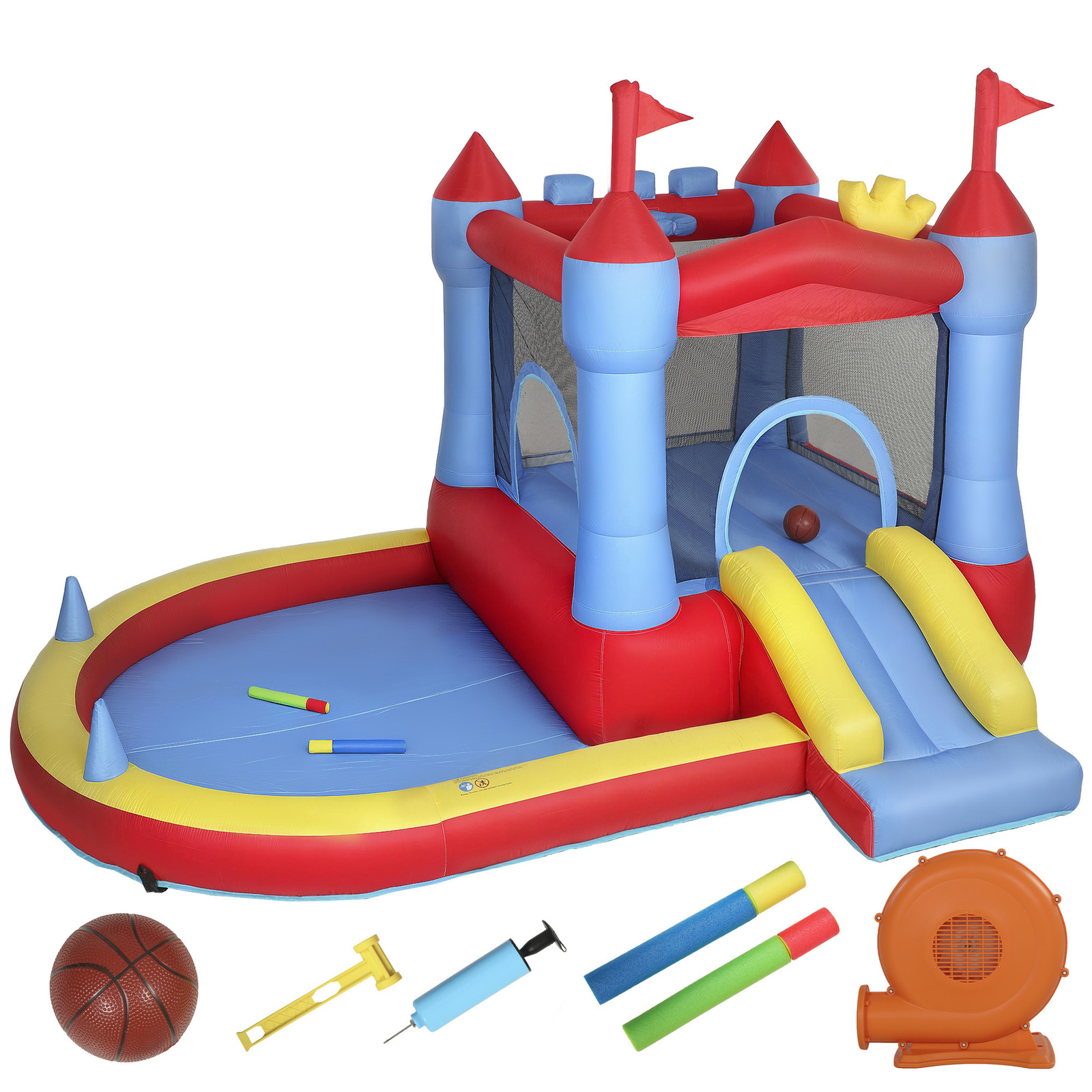 AIYAPLAY Opblaasbaar Springkussen met Glijbaan, Trampoline en Plonsbad inclusief Blazer en Waterpistool, Blauw, B/D/H: 342 x 255 x 209 cm