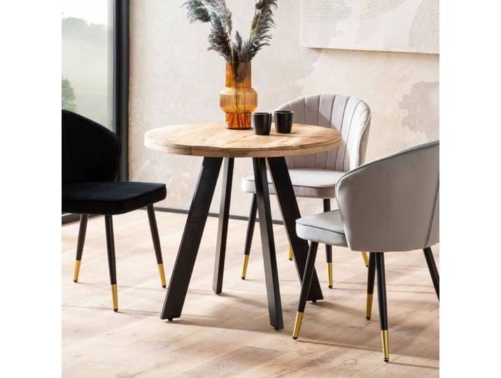 WOHNLING Table à Manger Ronde 80x80x75 cm Bois Massif Manguier Pieds Métal