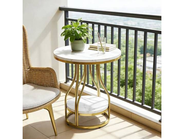 VUENOR Table basse ronde 50x50x59 cm blanc et doré – 2 niveaux sans matelas