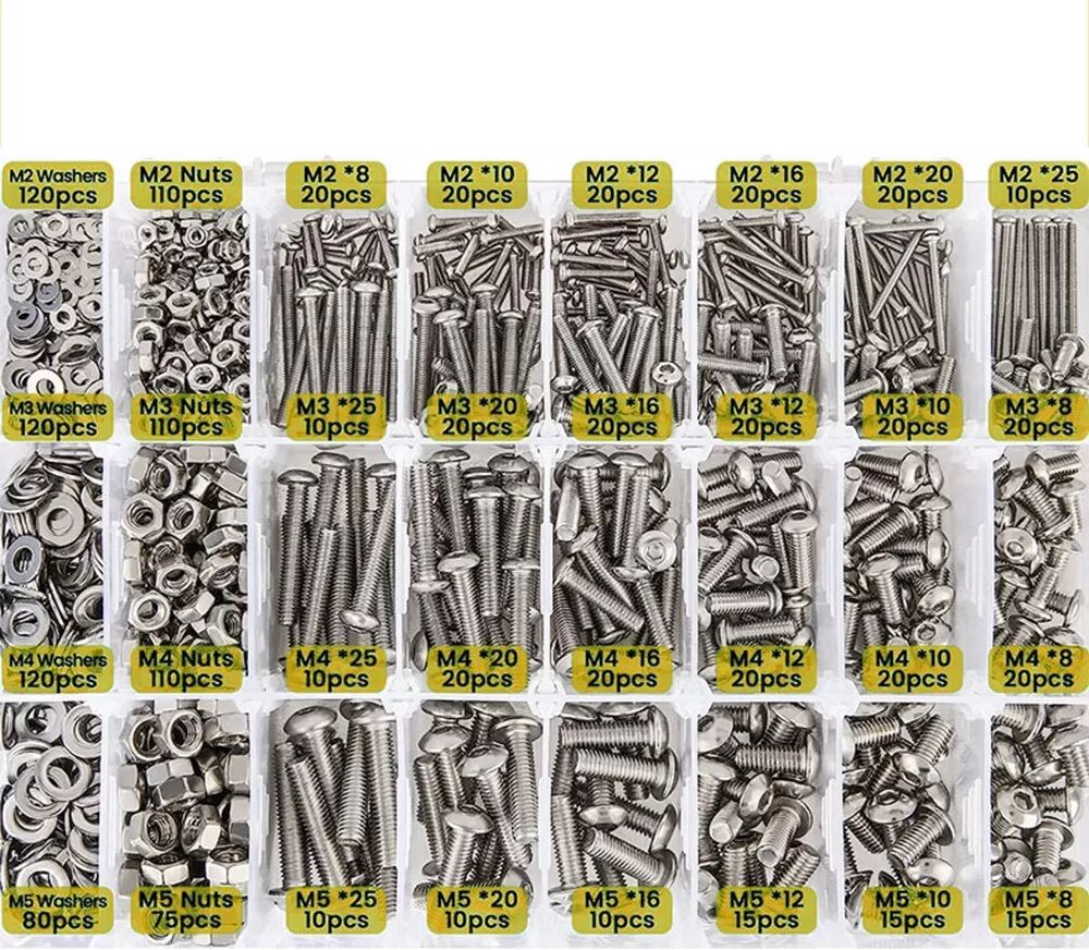 INF Kit d'assortiment de vis et écrous à tête creuse hexagonale 1255 PCS - Acier inoxydable 304