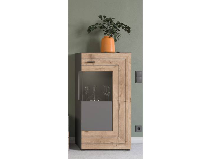 Standschrank Kommode Freno , grau matt / Nox Oak , LED Beleuchtung