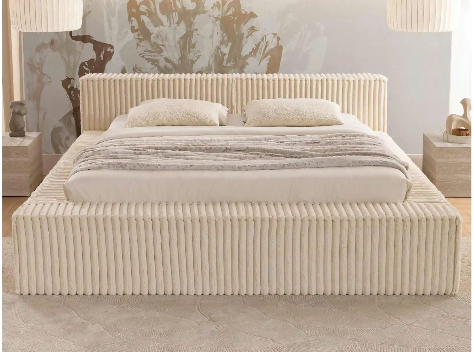 S-STYLE Polsterbett Cord  mit Bettkasten und Lattenrost Noord ¦ beige ¦ Maße