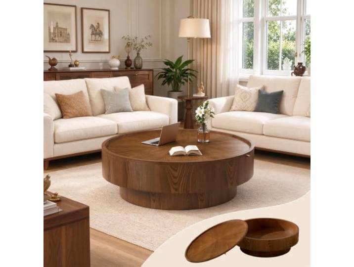 JHKZUDG Runder Couchtisch Mit Stauraum, Couchtisch Aus Holz in Trommelform Runder Couchtisch Mit Echtholzfurnier Und Stabilem Säulenfuß – Ideal Für Wohnzimmer, Apartments Und Kleine Räume