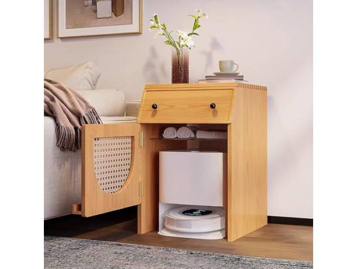Versteckter Schrank für Saugroboter aus Massivholz,Holz Beistelltisch Roboter Vakuumständer Schrank Versteckte Aufbewahrung Ladestation Multifunktionaler Beistelltisch(Natural,A)