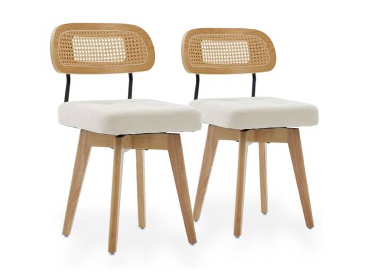 SEEDWAVE 2er-Set Drehbare Esszimmerstühle mit Rattangeflecht-Lehnen Gepolsterte Chenille-Sitze mit Holzbeinen für Esszimmer, Küche, Schlafzimmer und Schminkbereich