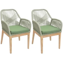 Proregal 2er-Set Gartenstuhl | HxBxT 85x58x59 cm | Sitzhöhe 47cm | wetterfest Seilgeflecht Rope Holz Akazie | Grün Kissen Grün | Sessel Outdoor