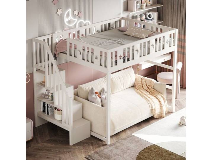 Lit superposé enfant - 140x200 - Escalier large avec tiroirs - Rambarde étoiles & lune - Bois massif blanc