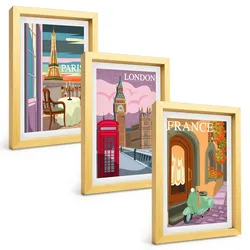 BILDER SET 3er Set - 20x30 cm Goldrahmen - Ansichten Paris London Retro