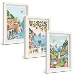 BILDER SET 3er Set - 20x30 cm Weißer Rahmen - Landschaften, Meer, Zitrusfrüchte