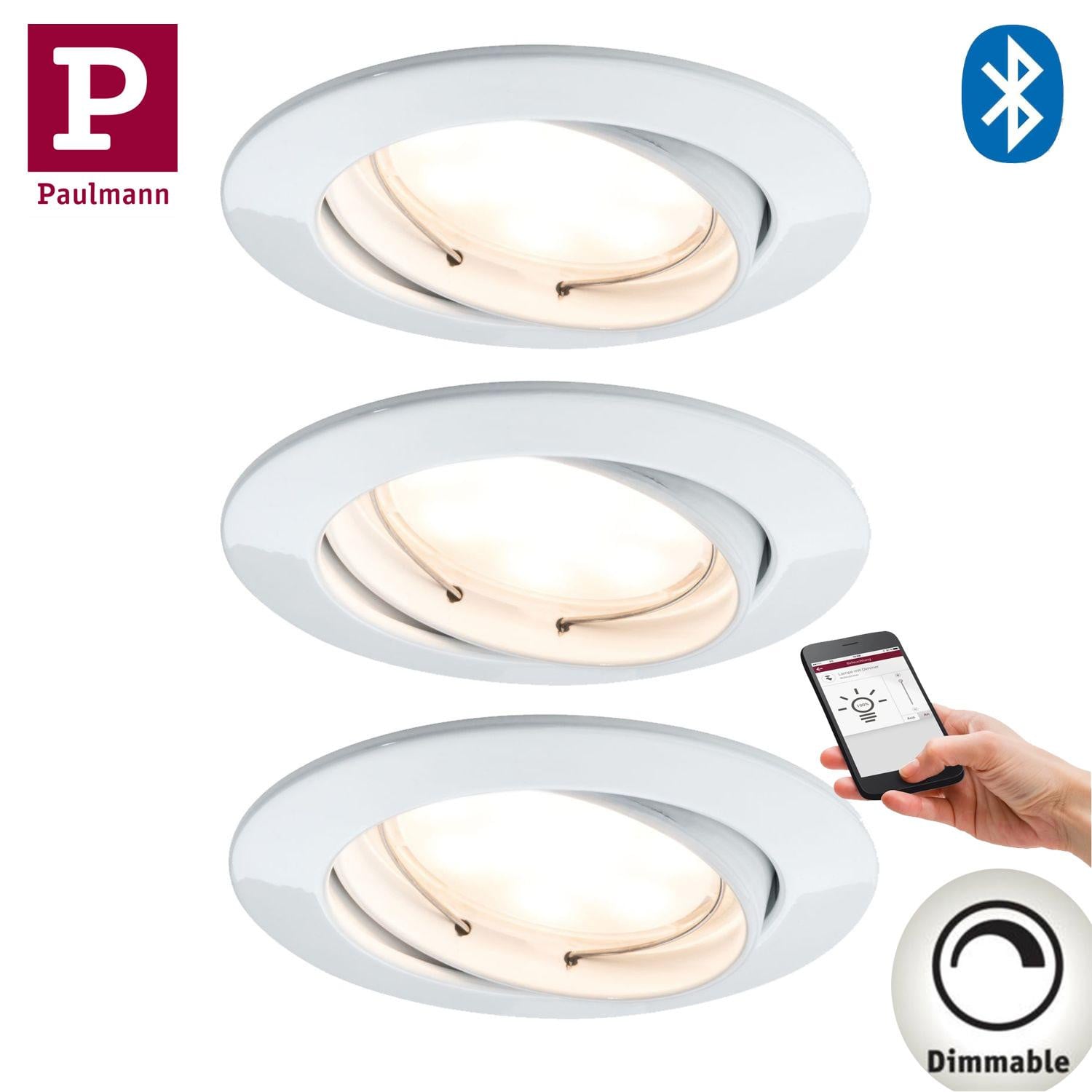 Paulmann SmartHome Bluetooth Inbouwspotset LED, 3 stuks, 5,8W, dimbaar en kantelbaar, Wit met aluminium en zink