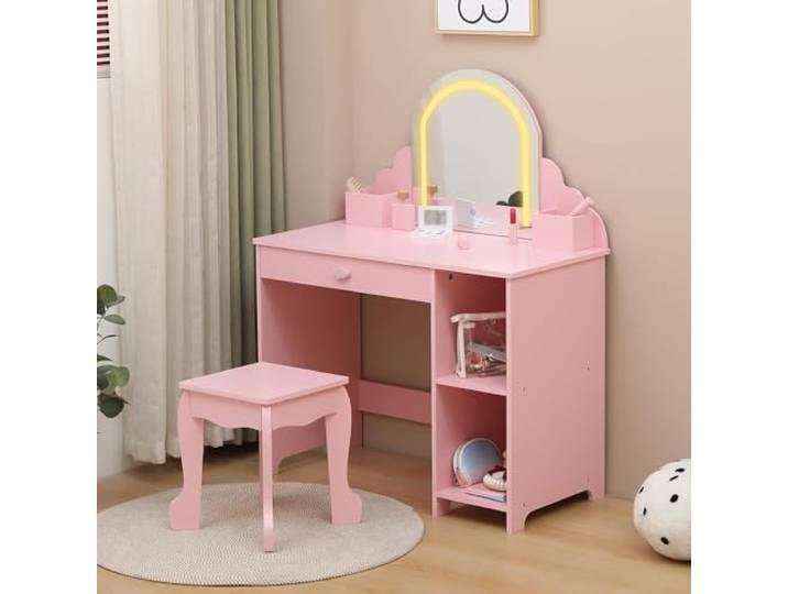 GarveeMore 2-in-1 Kinder Schminktisch mit LED-Beleuchtung Mit Make-up-Set Mit Schublade & 2 Fächern Mit Hocker 3-Farben Verstellbare LED-Beleuchtung 100x80x40cm