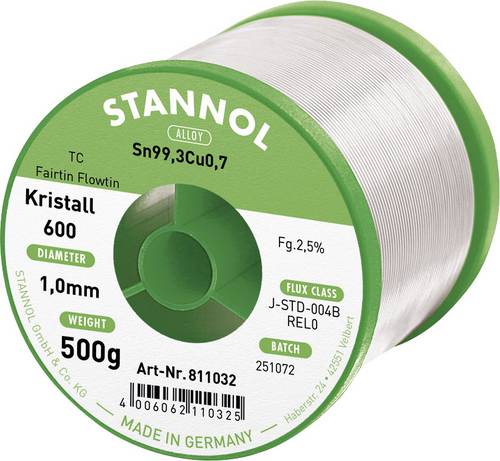 Stannol Kristall 600 Fairtin Lötzinn, bleifrei bleifrei Sn99,3Cu0,7 REL0 500g 1mm