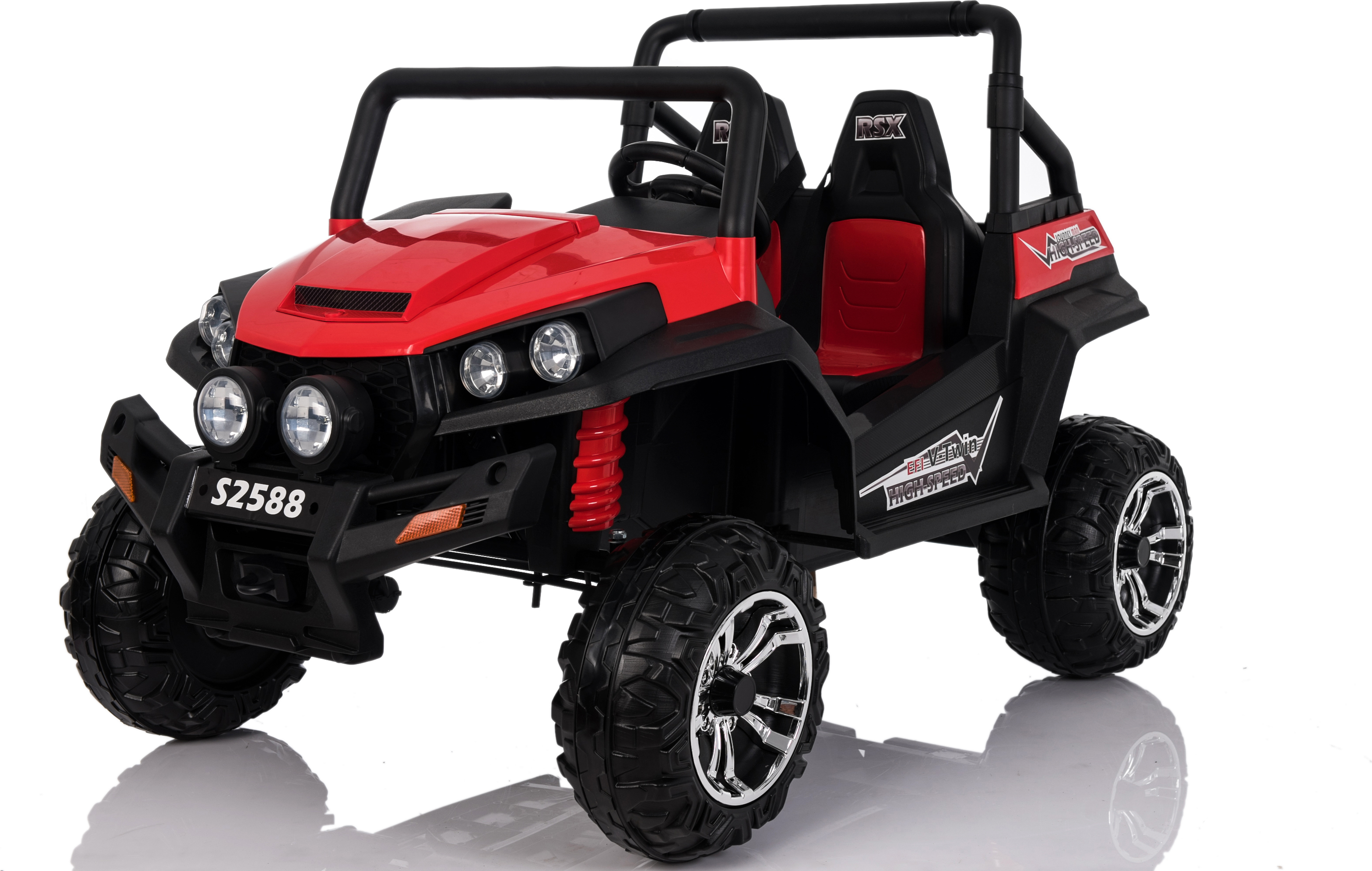 Kinder-Elektroauto RSX, rot - 2x12V, 4 X MOTOR, 2,4 GHz Fernbedienung, Zwei Kunstledersitze, Weiche EVA Räder, FM Radio, Bluetooth