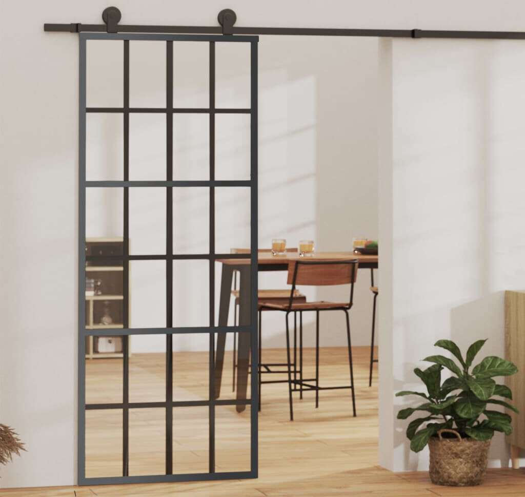 Ebern Designs Borgia Sliding Door ESG Glass and Aluminium Black 205cm H x 76cm W x 5cm D