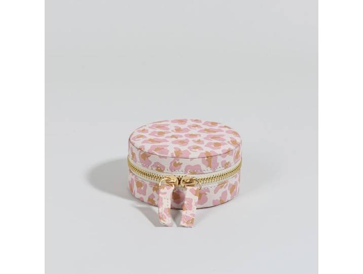 Runde Schmuckschatulle mit rosa-weißem Leopardenmuster