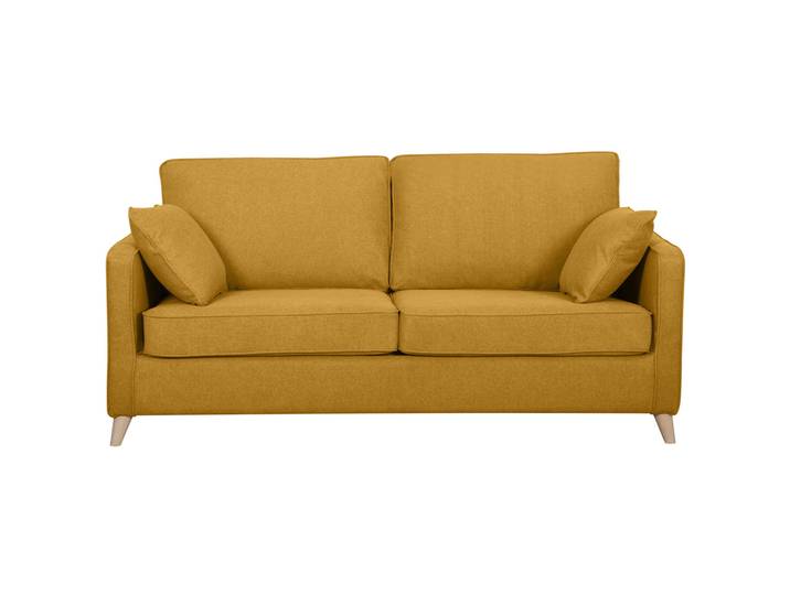 Canapé convertible scandinave 3 places en tissu jaune cumin et bois clair avec matelas 10 cm PAPEL