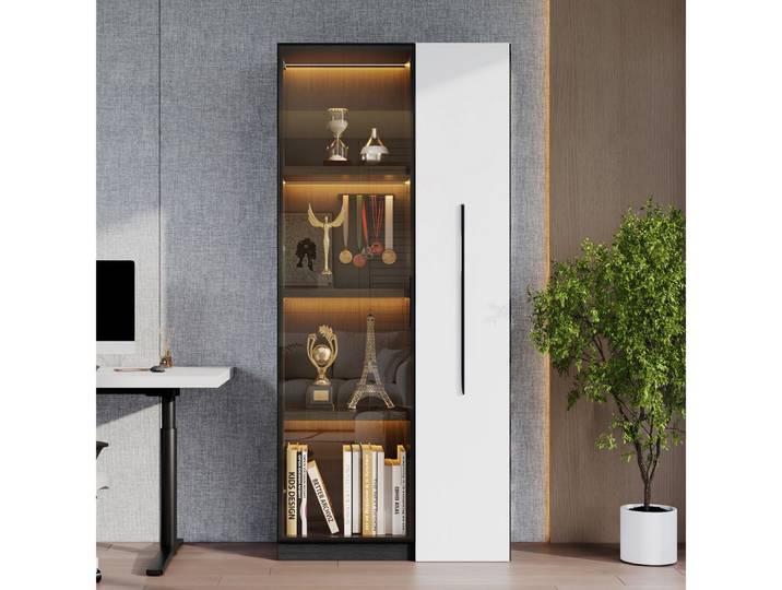 BBWL Vitrine mit LED-Beleuchtung und Seitenauszug, Glasvitrine MDF Weinschrank Vitrine Bücherregal Esszimmerschrank