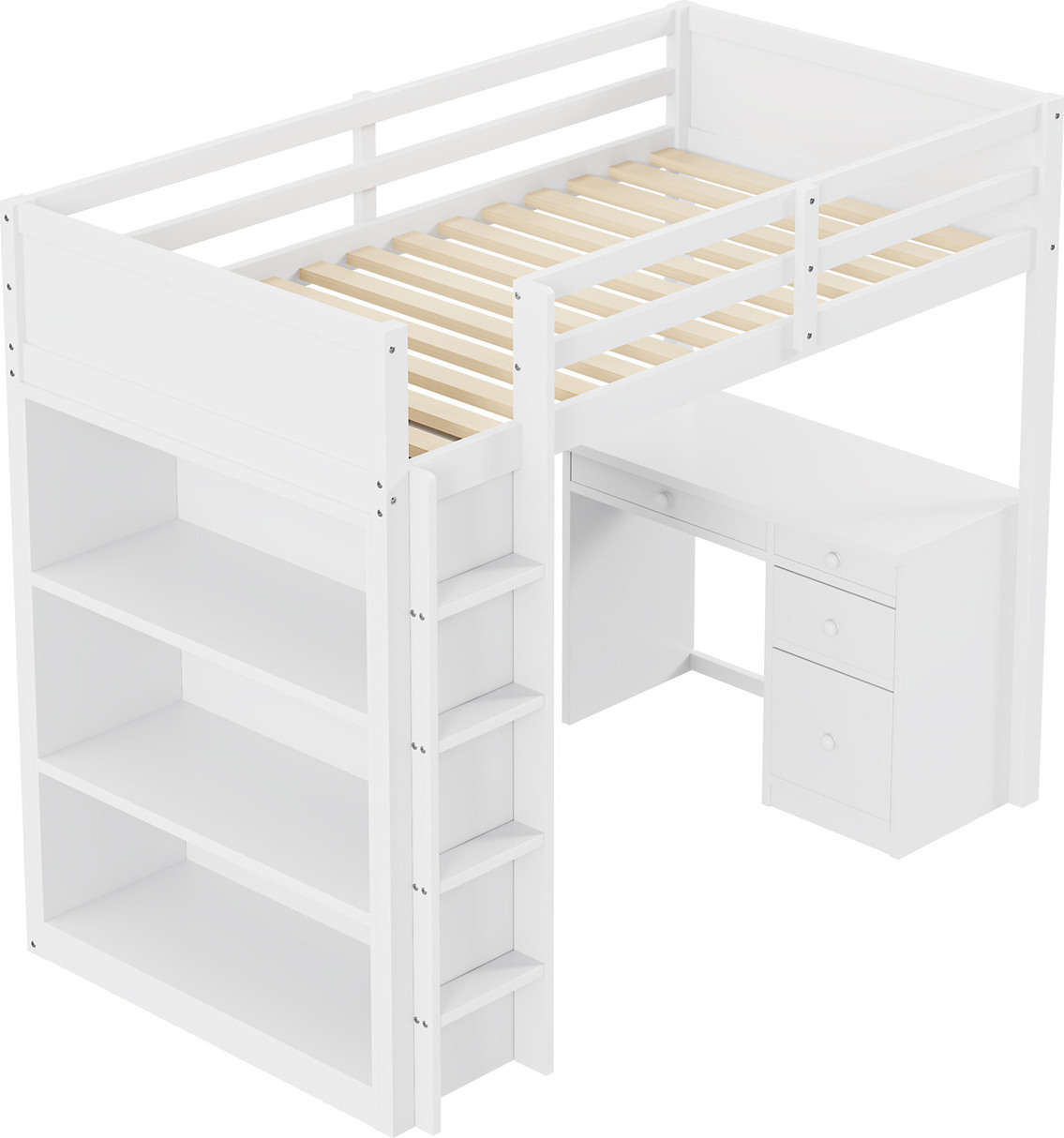 Hochbett,Kinderbett,Einzelbett(Weiß)mit Aufbewahrungsschränken und Computertisch,multifunktionales Hochbett aus Holz