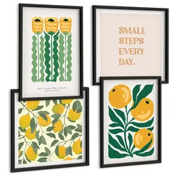 BILDER SET 4er Set - 50x50 cm & 40x60 cm Schwarzer Rahmen - Pflanzenmuster mit Blumen