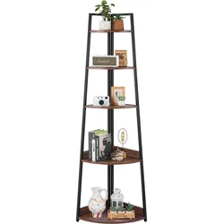 VEVOR Eckregal mit 5 Ebenen, hoher Eckständer Pflanzenregal, Displayregal Lagerregal mit Metallrahmen & Holzregalen, Standregal Ausstellungsbücherregal für Schlafzimmer Wohnzimmer Büro Braun