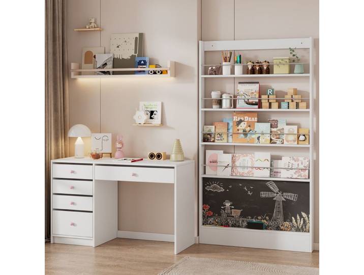 Bureau droit enfant 5 tiroirs avec bibliothèque 4 étagères et tableau noir - ELVMI - Blanc pour chambre enfant