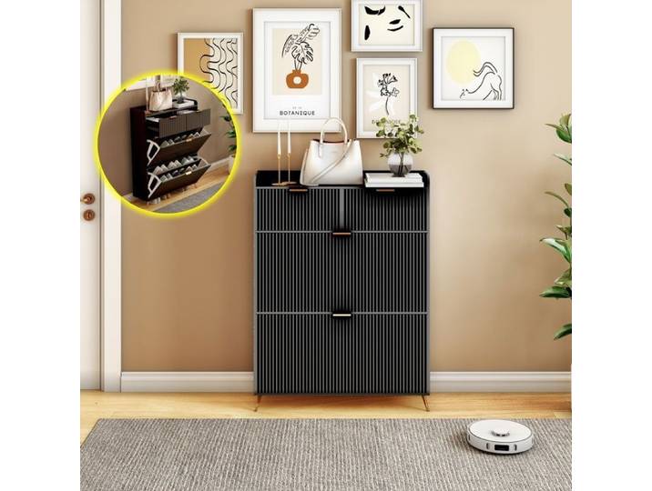 Meuble à Chaussures Armoire à Chaussures avec 2 Tiroirs et 2 Tiroirs Rabattables Meuble à Chaussures Autonome 80x24x110cm Noir