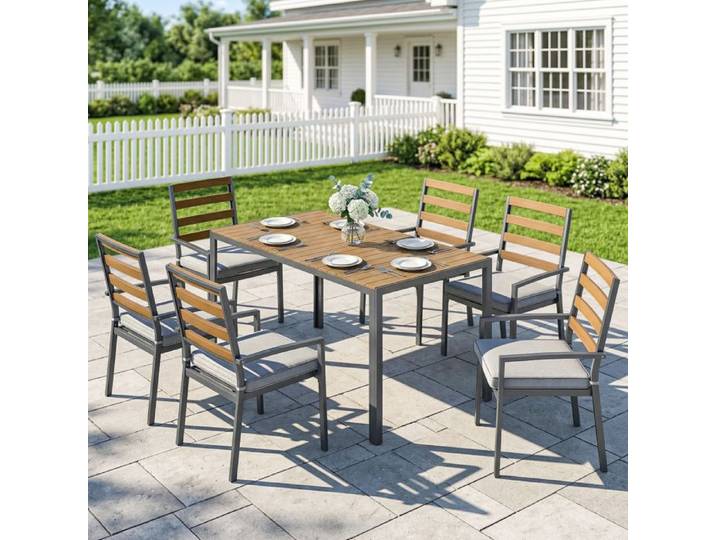 Ensemble jardin 7 pièces bois naturel : table + 6 chaises avec coussins adapté pour terrasse