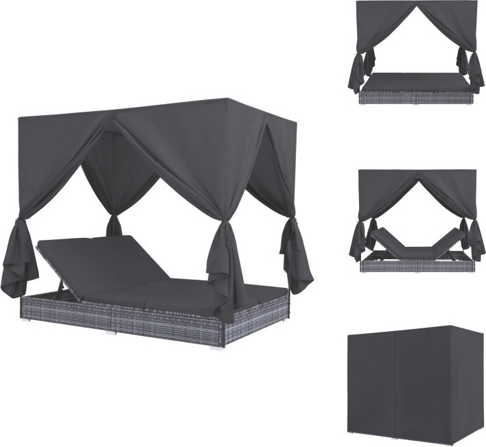 vidaXL Outdoor-Lounge-Bett mit Vorhängen Poly Rattan Grau - Gartenbetten