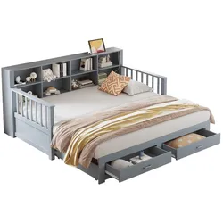 OKWISH Multifunktionales Schlafsofa 90×190 ausziehbar auf 180×190, Massivholz, Kiefernholz, Stauraum, Schubladen, Steckdose, Grau