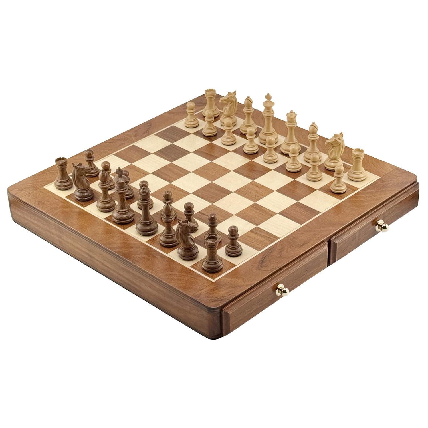 Exklusives Schachset - Palisander Premium Figuren 8,5 cm & Italfama Schachkasten mit 2 Schubladen und Einzelfächern 46x46 cm
