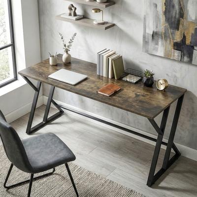HOMCOM 55 Inch Computer Desk, Industrial Writing Desk with Z-Shaped Metal Leg, Distressed Gray