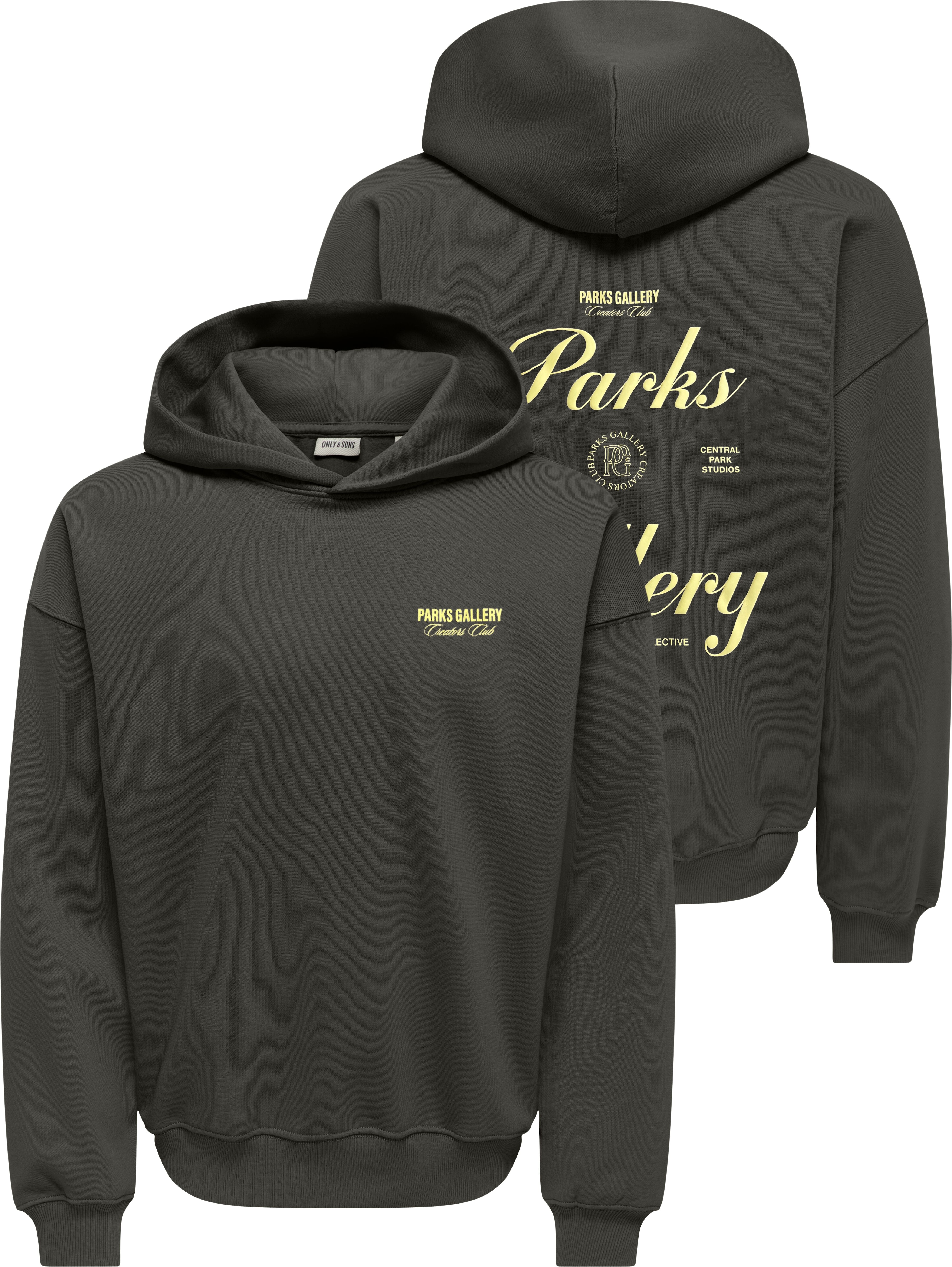 Sweatshirt ONLY & SONS "ONSPARKS GALLERY RLX SWEAT HOODIE NOOS", Herren, Gr. L, grau (beluga print:central parks), angeraute Sweatware, Obermaterial: 75% Baumwolle, 25% Polyester, bedruckt, regular fit normal, Rundhals, Rippbündchen, Sweatshirts Sweatshir