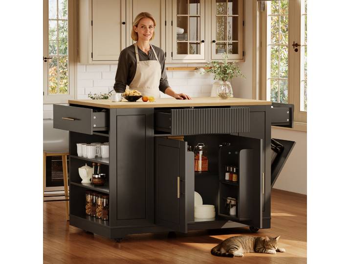 Îlot de cuisine PINGGO 120x50x92cm avec roulettes, 2 portes, 3 tiroirs, chariot de service mobile pour la cuisine