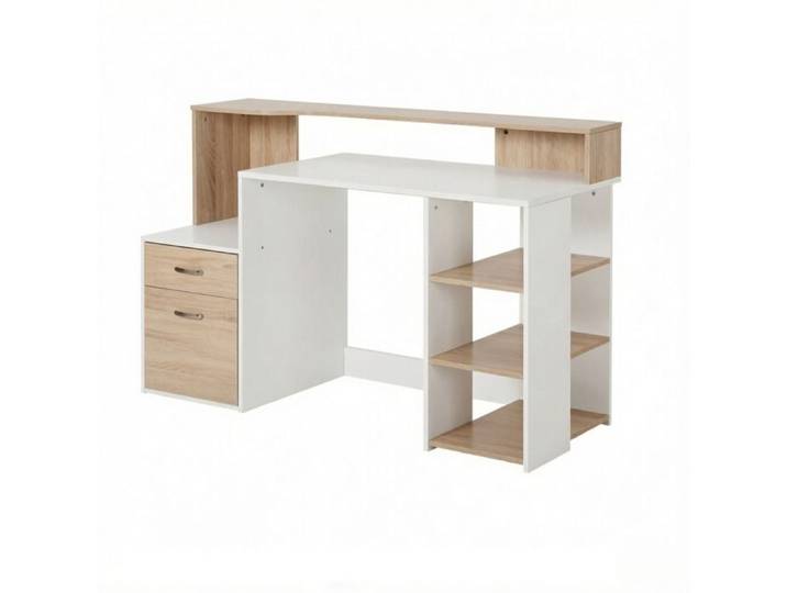 Bureau informatique avec rangements 2 tiroirs 137x55x92 cm étagères ouvertes MDF E1 blanc et chêne JOINERY