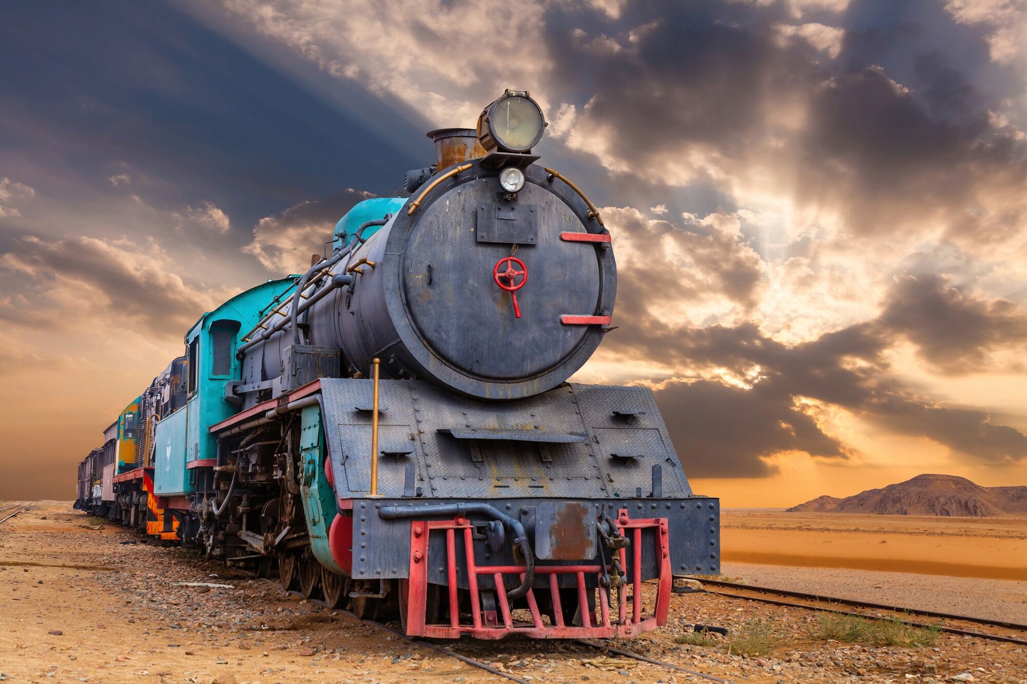 Fototapete PAPERMOON "ZUG-LOKOMOTIVE WADI RUM WÜSTE JORDANIEN WAGEN GEBIRGE", bunt, B:3m L:2,23m, Vlies, Tapeten, Fototapete bunt B/L: 3m x 2,23m, Bahnen: 6 Stk.