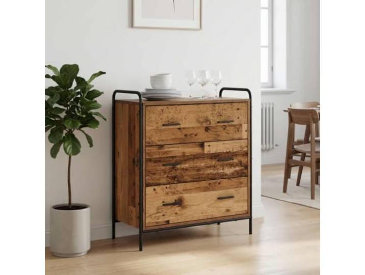 Favemtsl Sideboard Kommode Altholz Optik 73x33x81 cm Holzwerkstoff Vielseitige Anrichte fuer Flur, Esszimmer und Wohnbereich mit verzinktem Stahlgestell und praktischer Schublade.