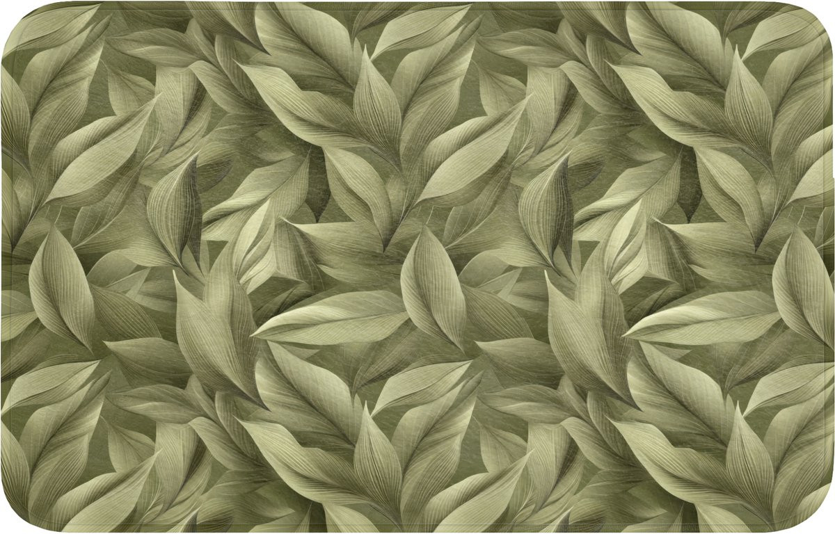 Modern Groene Badmat met Bladeren Motief - Antislip - 80 x 50 cm