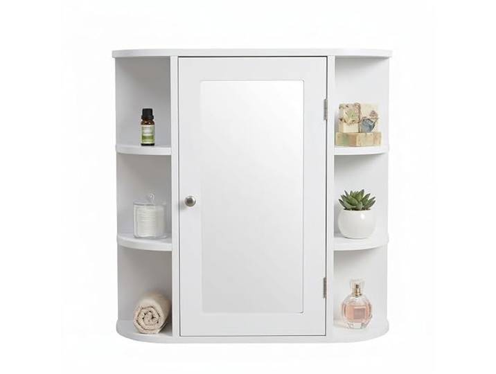 Relaxdays Spiegelschrank, 6 Ablagen, 4 Innenfächer, HxBxT: 58 x 61 x 18 cm, Wandmontage, Badezimmer Hängeschrank, weiß