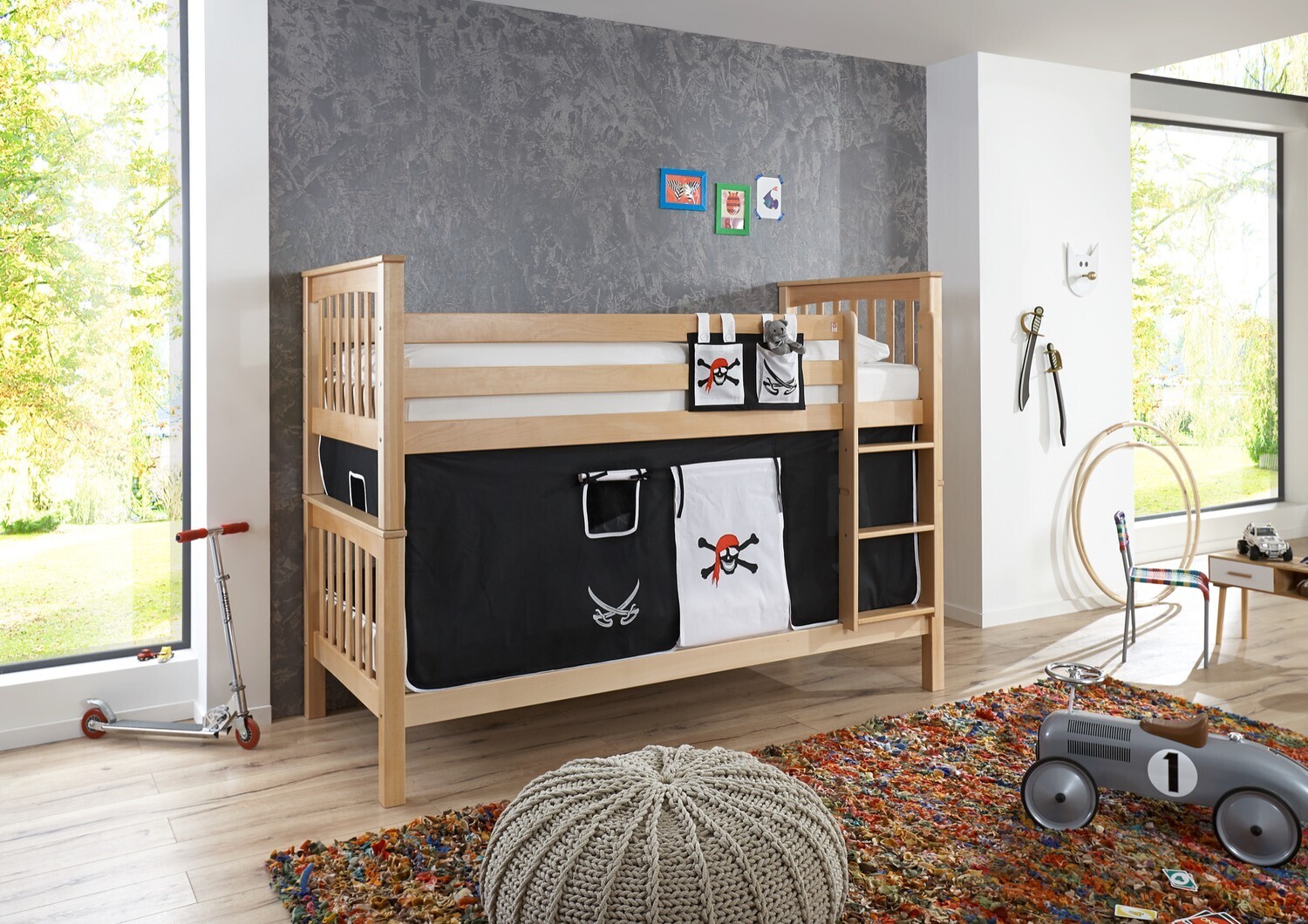 Etagenbett mit hohem Kopf- und Fußteil Kick Buche Natur lackiert 90x200 cm