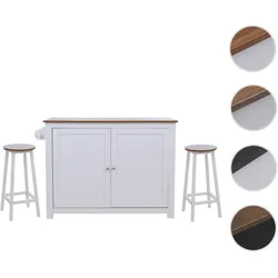 Kücheninsel HWC-P61 mit 2 Sitzhockern, Küchenschrank Staufächer MDF 90x120x45cm ~ weiß, helles Holz