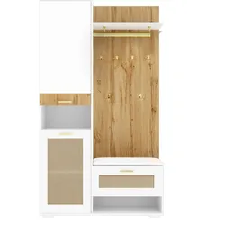 GARDEROBEN-SET 110 cm in Weiß/Holz mit Spiegel Rattan-Optik