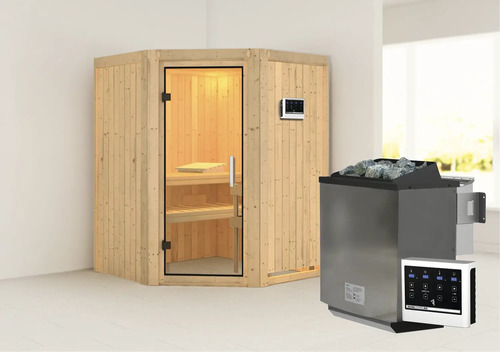 Elementsauna Karibu Callinan inkl. 9 kW -Ofen und externe Steuerung ohne Dachkranz mit Ganzglastüre aus Klarglas
