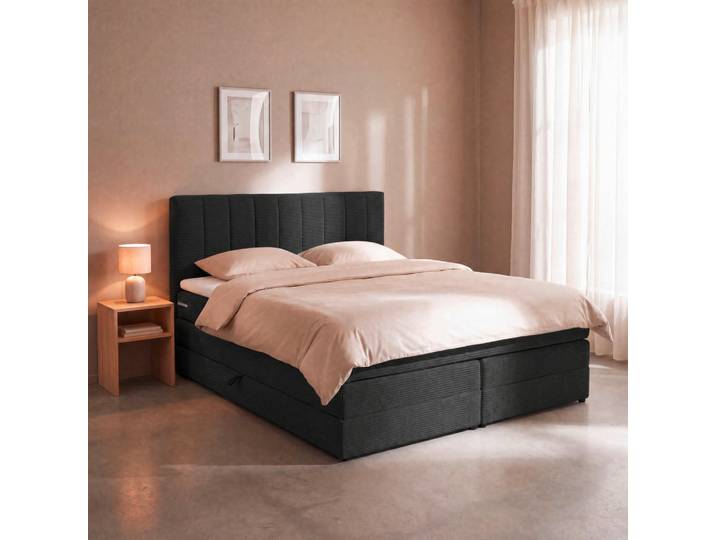Boxxx Boxspringbett, Anthrazit, Kunststoff, H2, 7-Zonen, 140x200 cm, Made in EU, Bettkasten, gepolstertes Kopfteil, Topper durchgehend, In verschiedenen Grössen erhältlich, Matratze geteilt, Schlafzimmer, Bett, Boxspringbetten